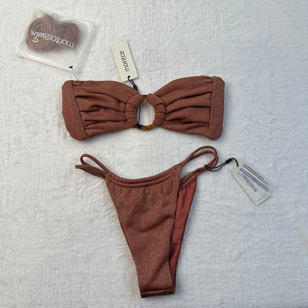 Montce Mauve Sparkle Tori Ties Bandeau Top Brasil Bikini Bottoms Extra Small XS